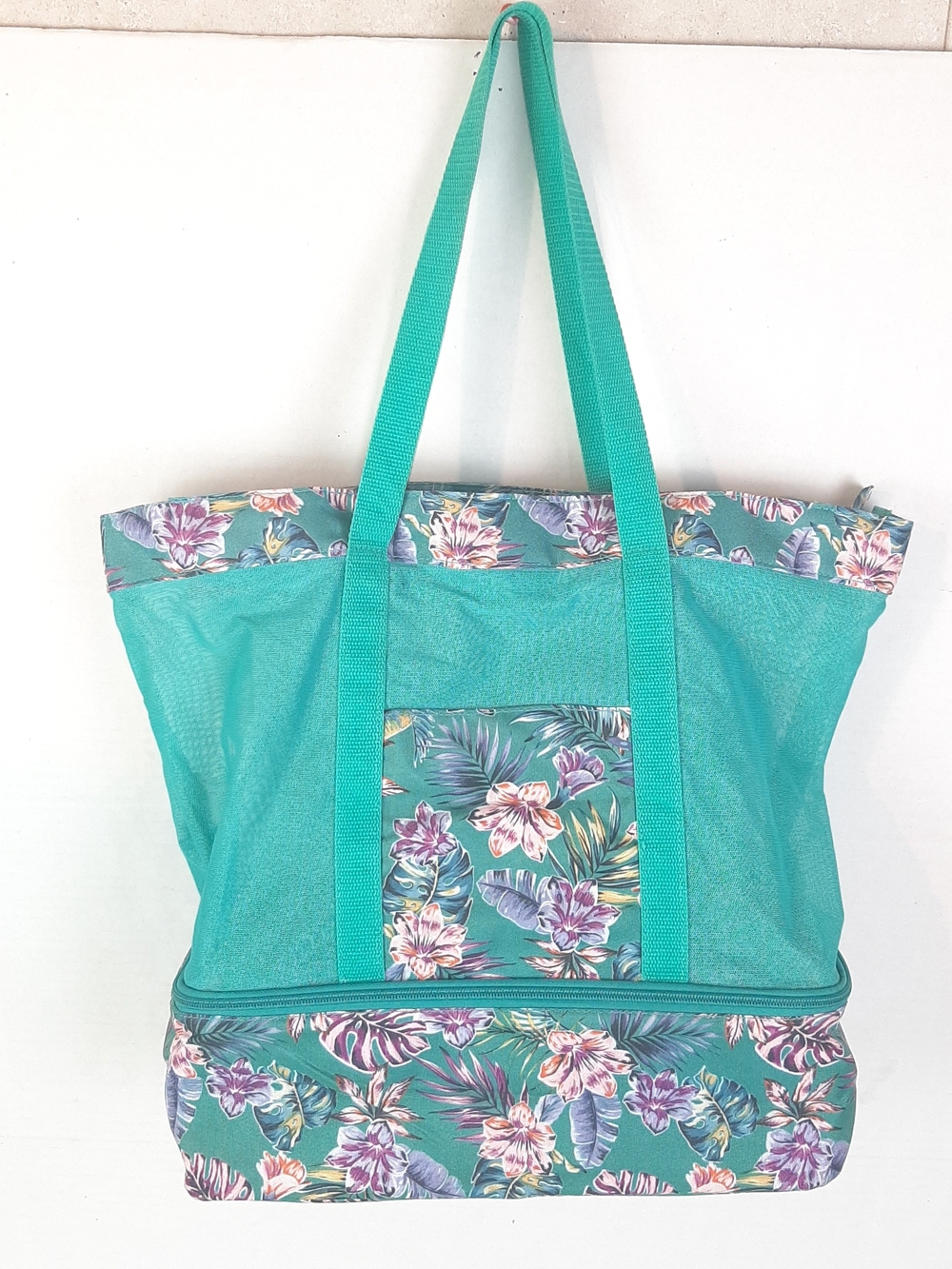 No Boundaries Teal Tropical Mesh Zip Tote Bag with Insulated Cooler Compartment